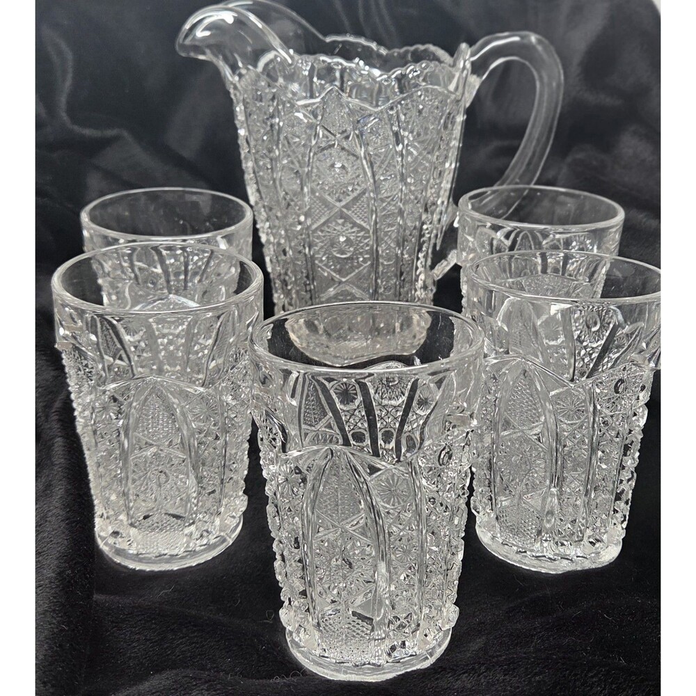 Vintage Imperial Glass Daisy & Button Clear Pitcher & 5 Tumbler Set LIG Mark 70s